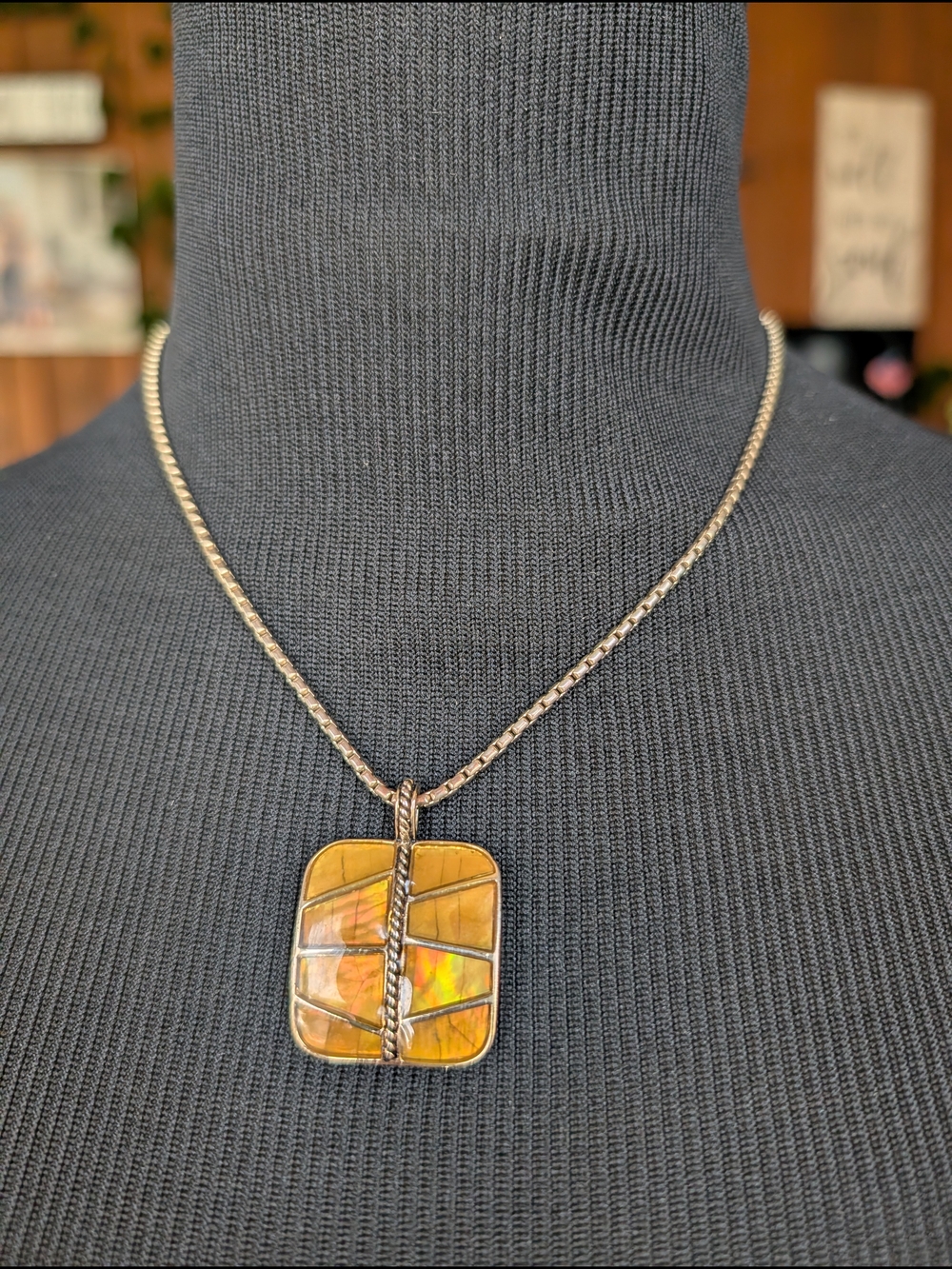 1990s Monet Mosaic Pendant Necklace Gold Tone Box Chain Geometric Signed